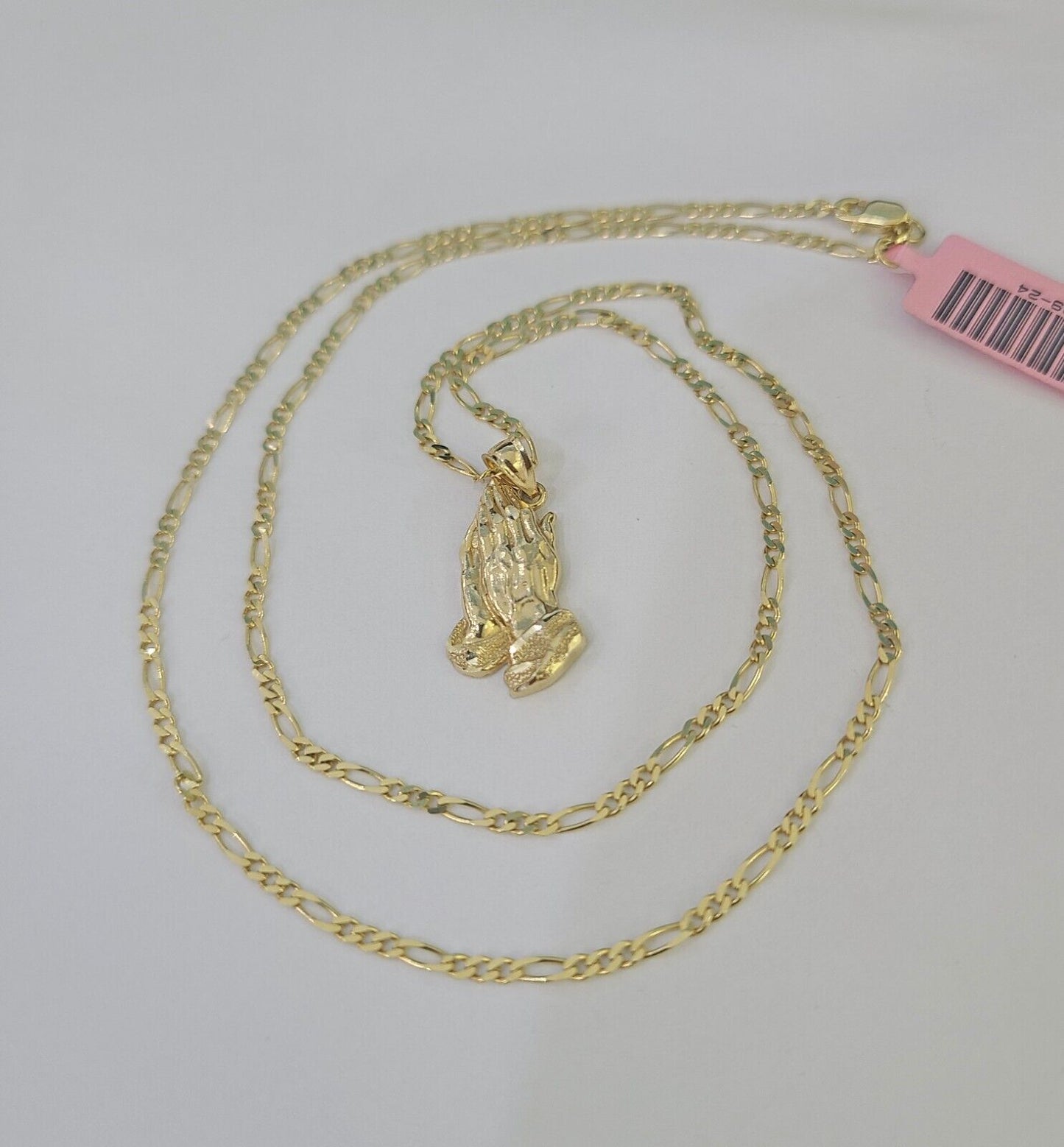 14k Figaro Chain Praying Hands Charm Pendant Gold 1.5mm 18"-24inch SET Necklace