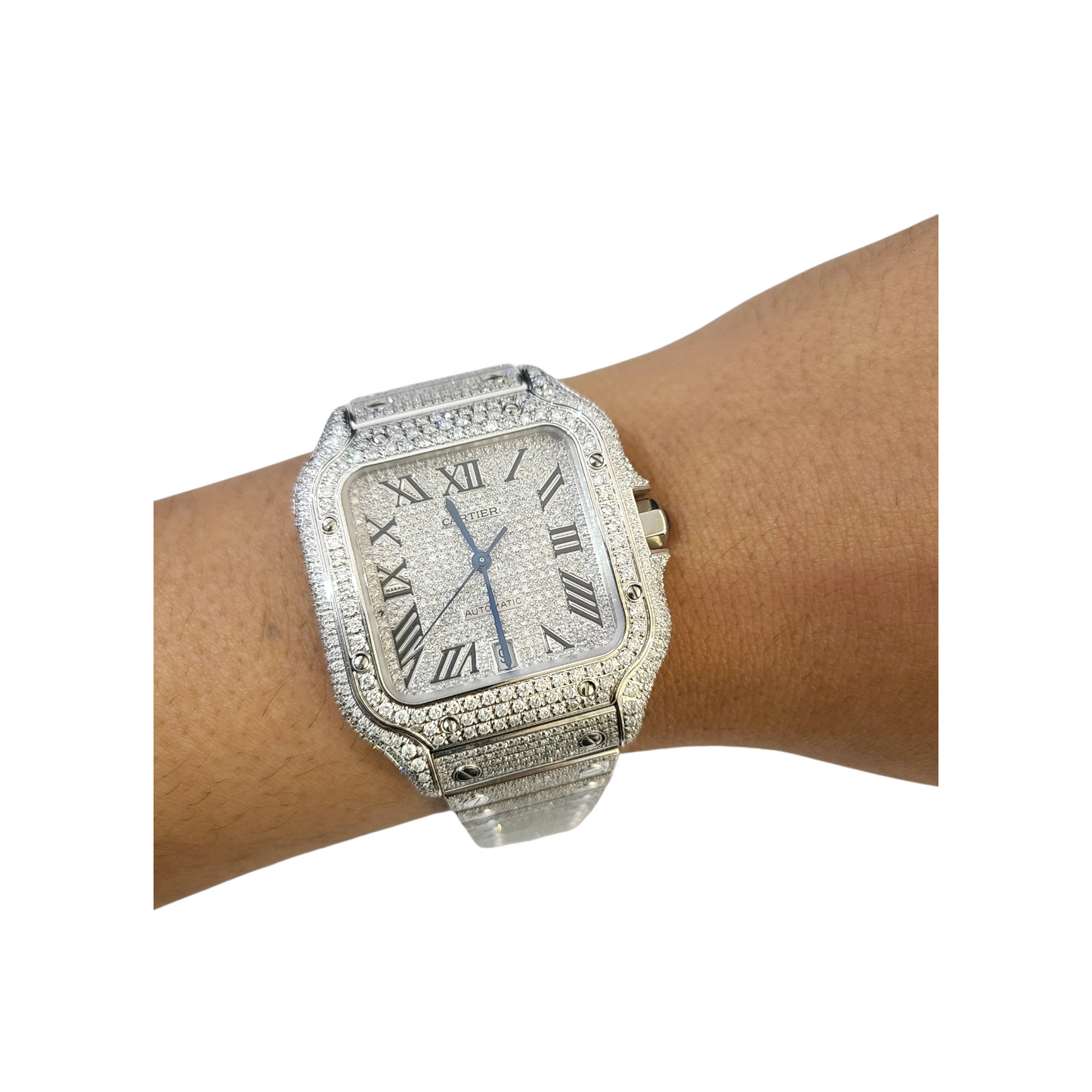 Cartier Santos Mens S.Steel Watch Roman Iced Out 12ct Diamonds 38.8mm (pre-owned)