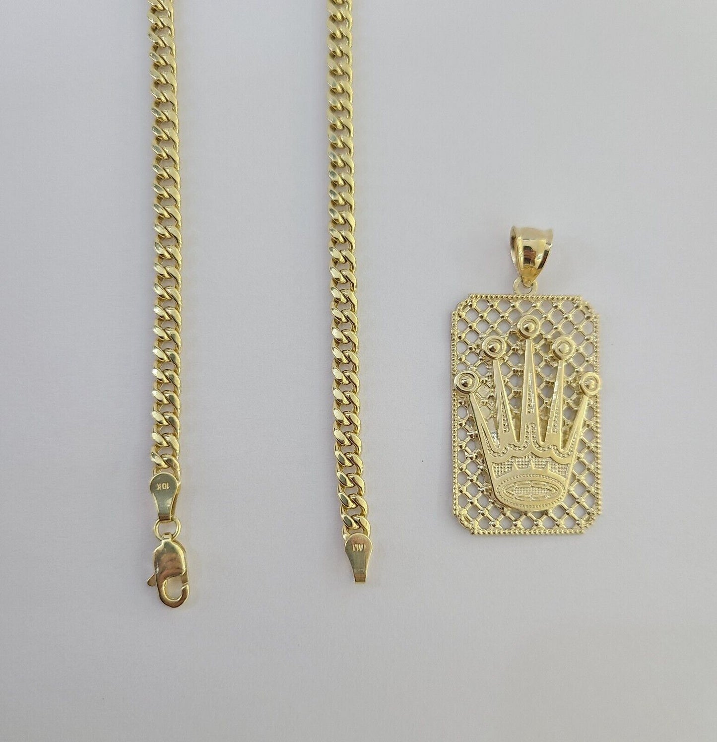 10K Yellow Gold Crown Pendent 4mm 18" 20" 22"24"26" Inch Miami Cuban Chain