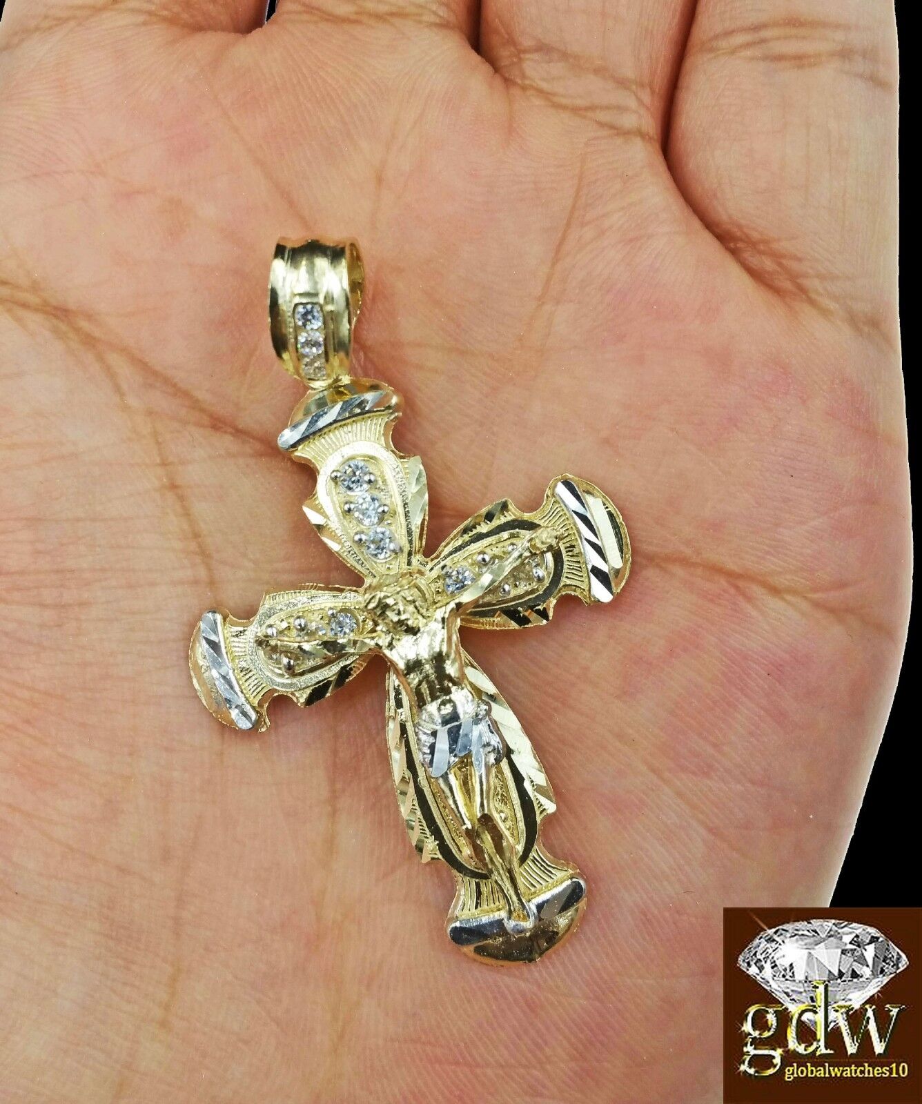 Real 10k Yellow Gold 2 Inch Jesus Charm/Pendant with Diamond Cuts for Men/Women