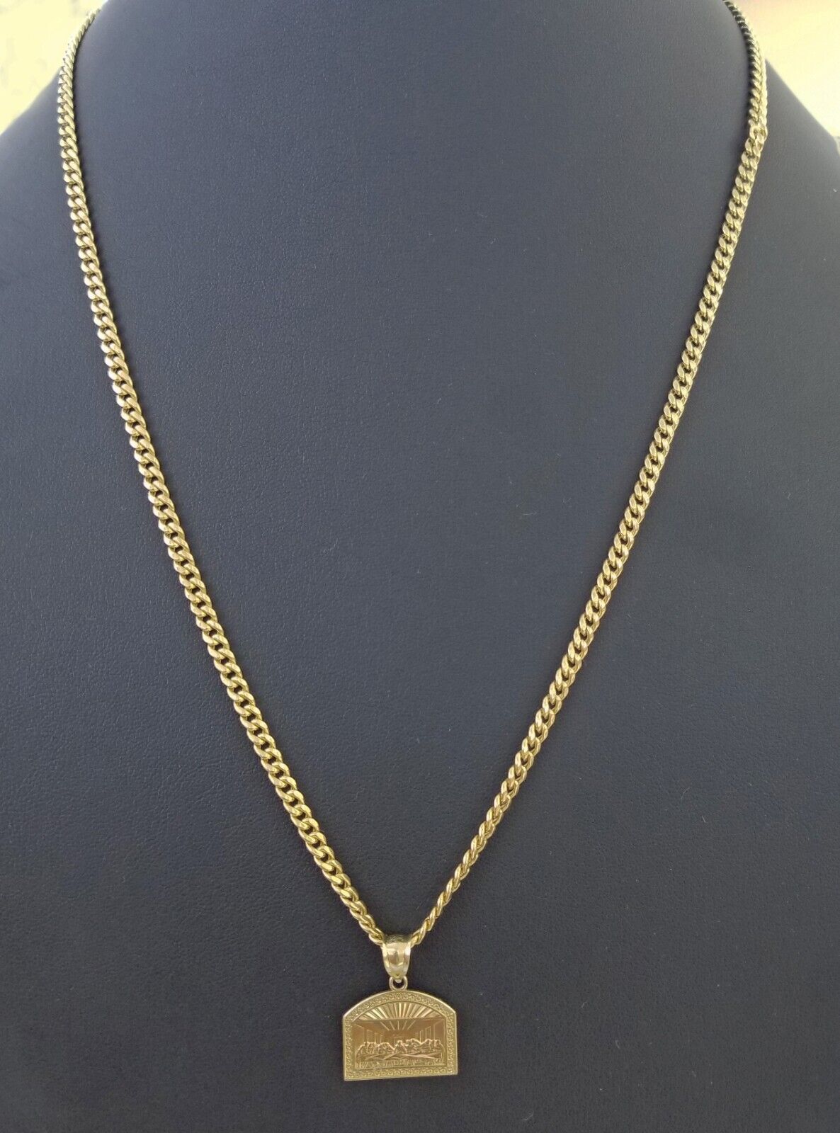 Real 10 k Gold Last Supper Charm Miami Cuban Chain 4mm 24" Necklace pendant set