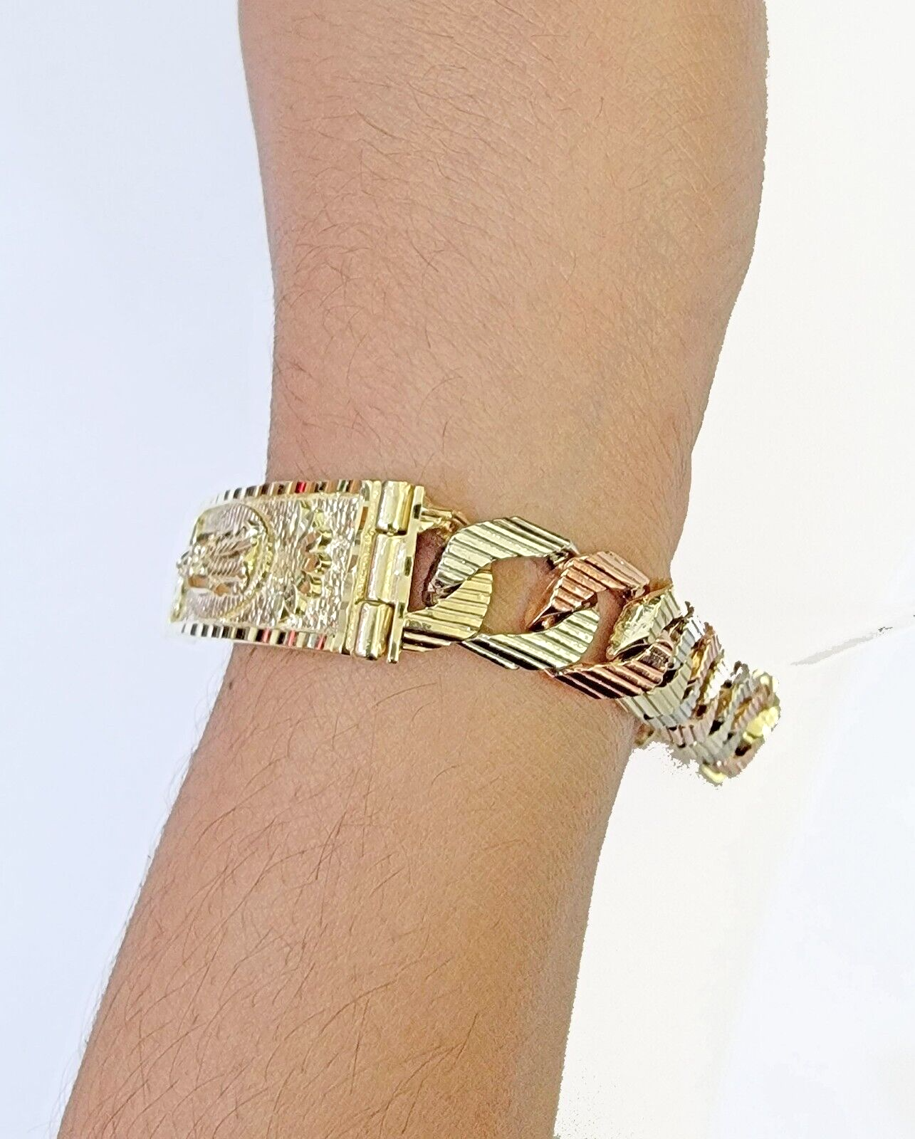 10K Trio Gold ID Bracelet With Miami Cuban Link 11 mm 8.5" inches 10kt