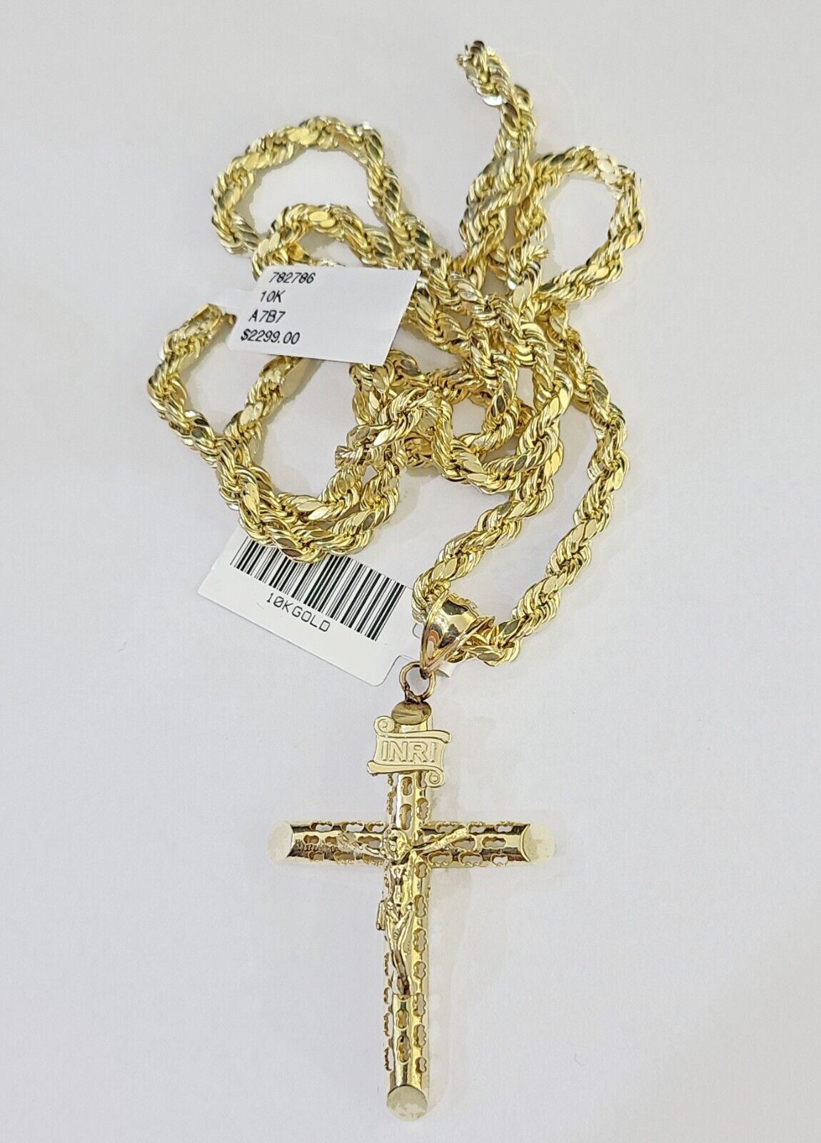 10k Gold Rope Chain & Cross Charm Pendent SET 4mm 24 Inches Necklace