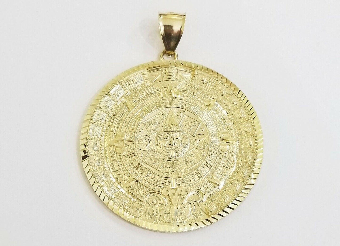 10k Real Gold Aztec Calendar Pendant Charm 3mm 20" 22" 24" Franco Chain