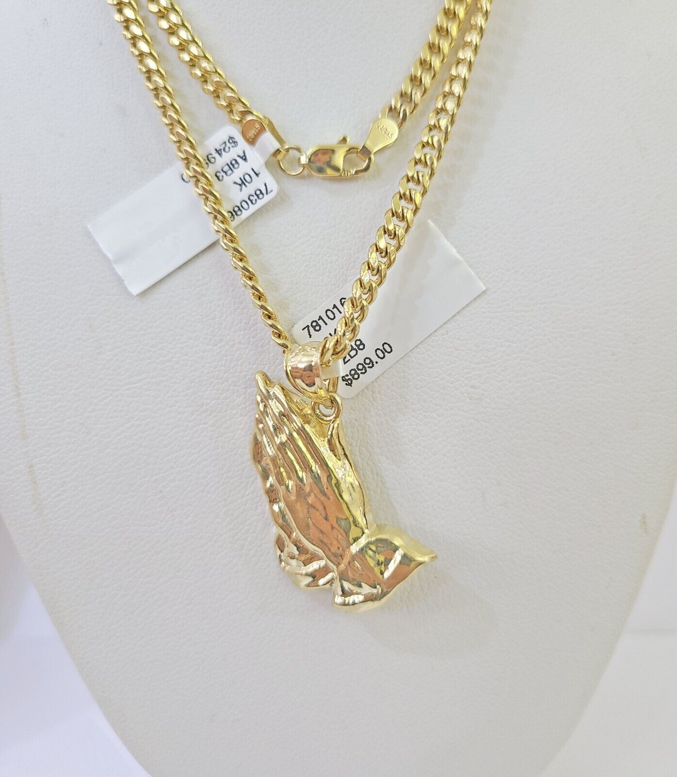 10k Yellow Gold Miami Cuban Chain & Praying Hands Charm SET 3mm 22 Inches