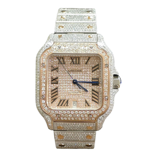 Cartier Santos Men's S.Steel Watch Roman Iced Out 12ct Diamonds 40mm (pre-owned)