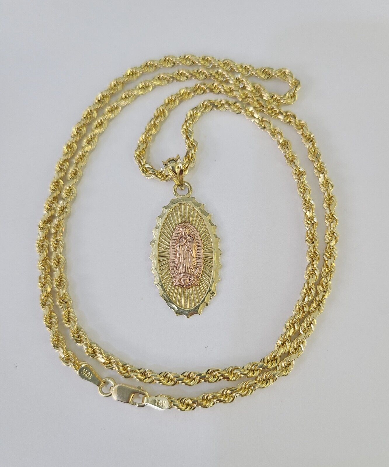 10k 3mm Rope Chain Virgin Mary Pendant 18"-30" Yellow Gold Set Charm Necklace