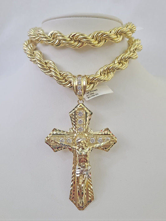 Real 10k Rope Chain Jesus Cross Charm Set 12mm 20"-30" Inch Necklace Yellow Gold