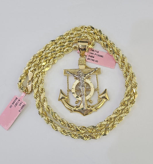 Real 14k Rope Chain Jesus Anchor Charm Yellow Gold Set 5mm 20"-30" Necklace