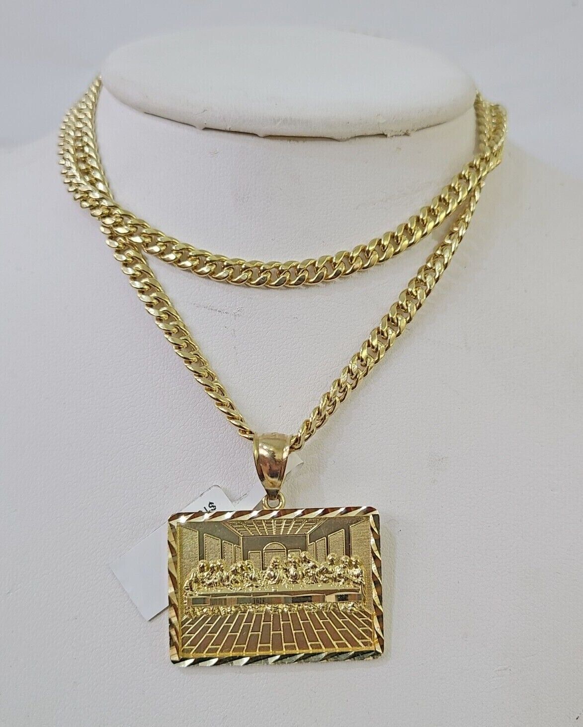 Real 10k Miami Cuban Chain Last Supper Charm Set 4mm Yellow Gold Necklace