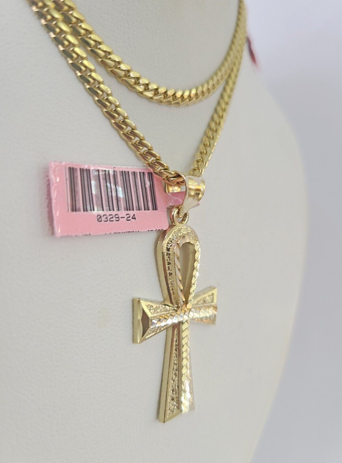 Real 14k Solid Chain Cross Charm Set Miami Cuban Link 3mm Necklace Pendant Gold