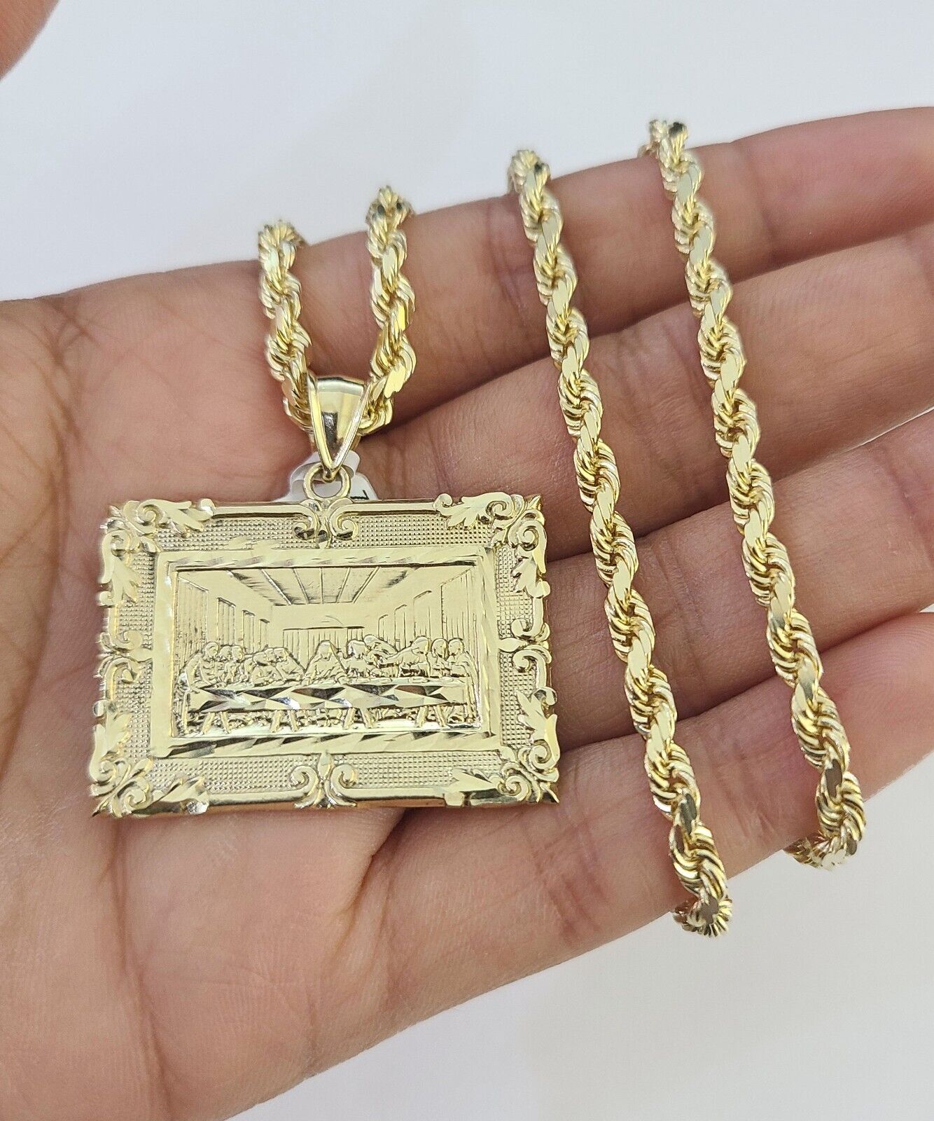 10k Solid Rope Chain Last Supper Charm Set 4mm 18"-30" Necklace Gold Pendant