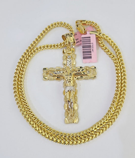 14k Gold Chain Jesus Cross Charm Solid Cuban Curb 5mm 20"-26" Inch SET Necklace