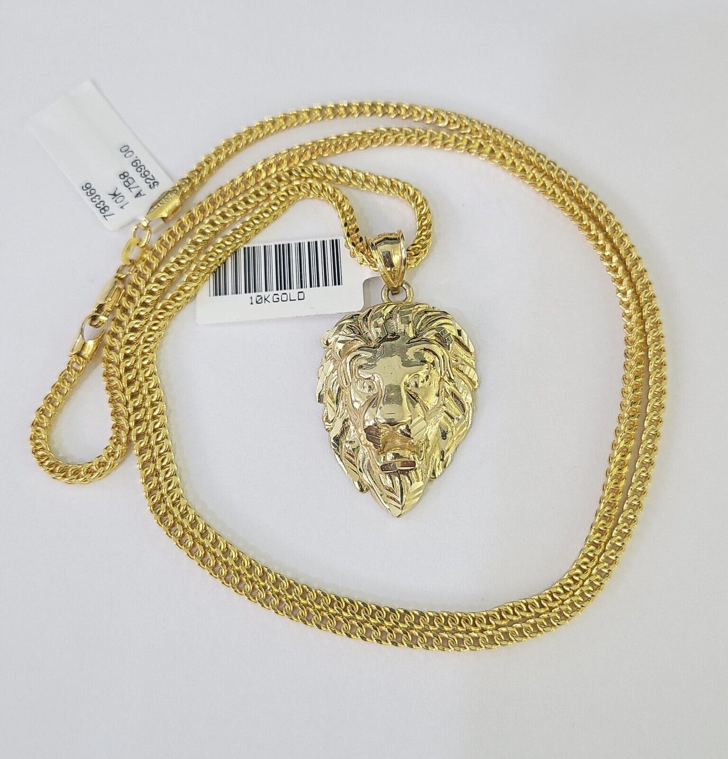 10K Franco Chain Roaring Lion Pendant Charm Necklace 20"-26" 2.5mm Yellow Gold