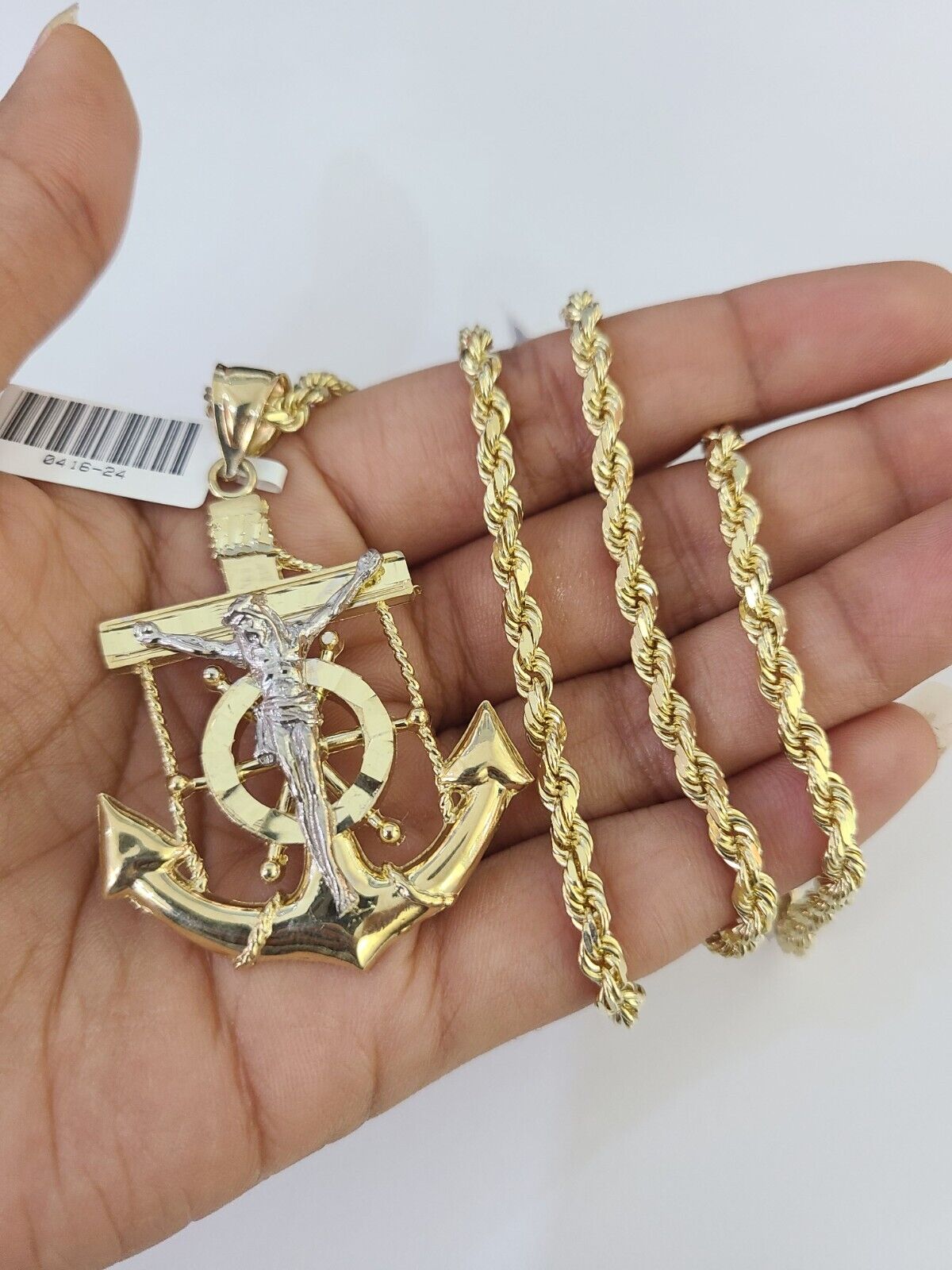 10k Solid Rope Chain Jesus Anchor Charm Set 4mm 20"-28" Necklace Gold Yellow