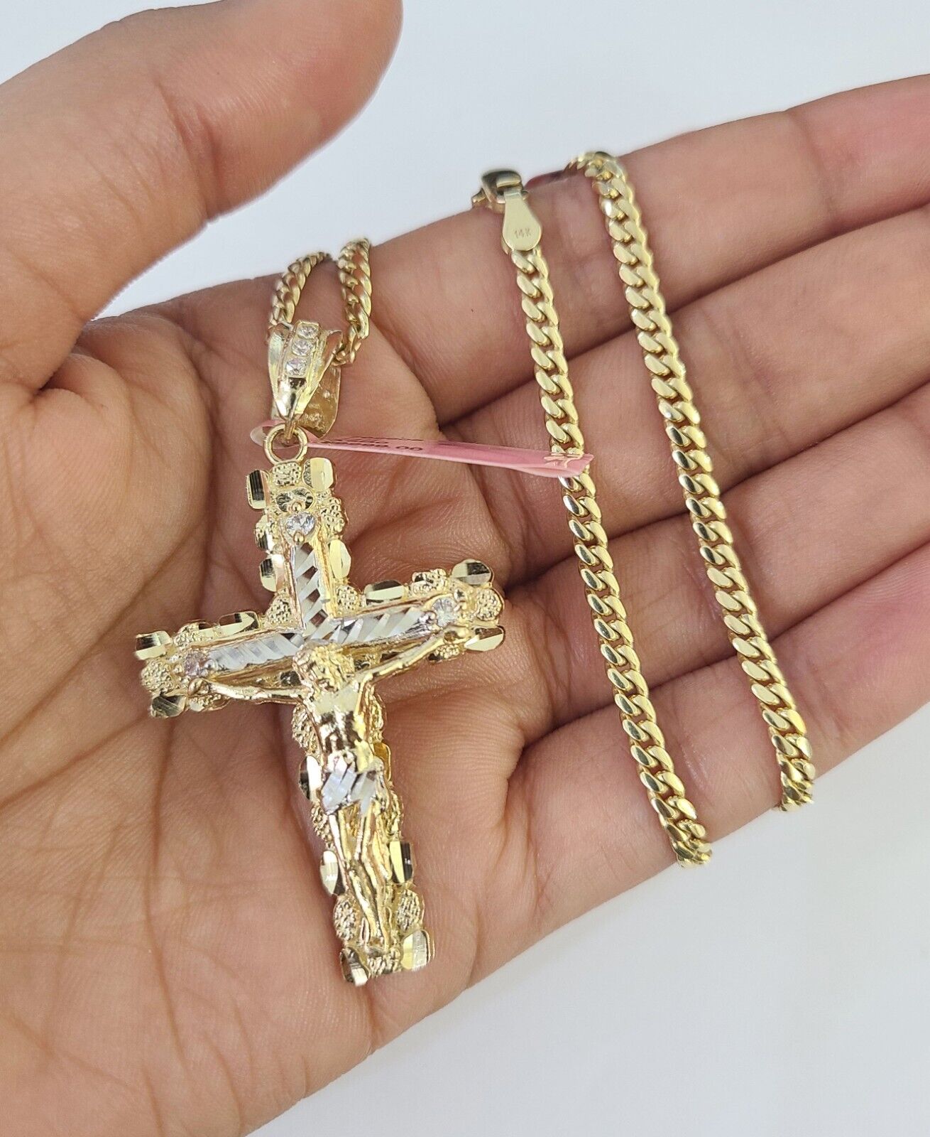 Real 14k Solid Chain Cross Charm Set Miami Cuban Link 3mm Necklace Pendant Gold