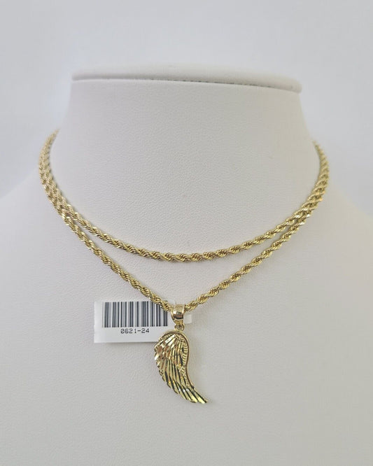 10k 2.5mm Rope Chain Angel Wings Pendant 18"-30" Yellow Gold Set Charm Necklace