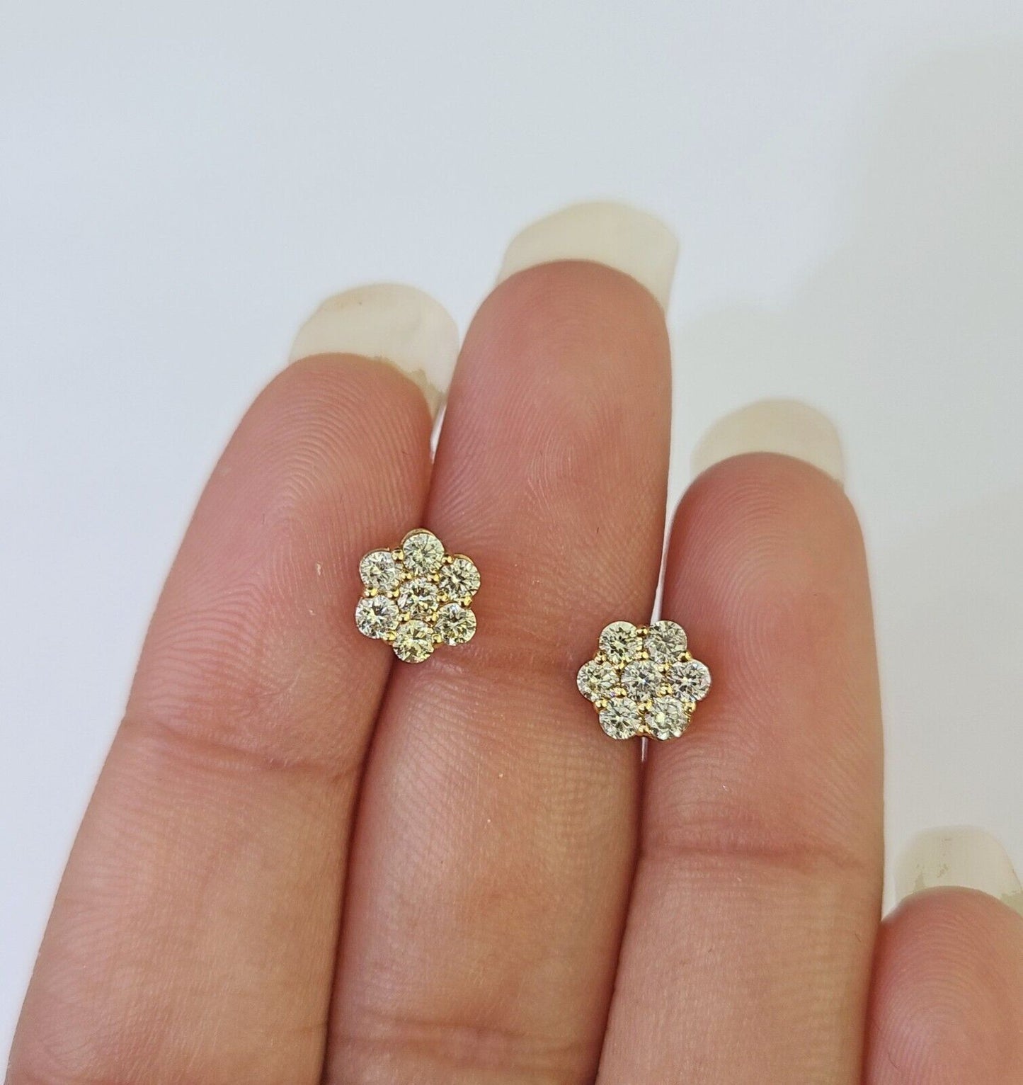 10k Yellow gold Flower Earrings Real Diamond screw-back Women Men studs