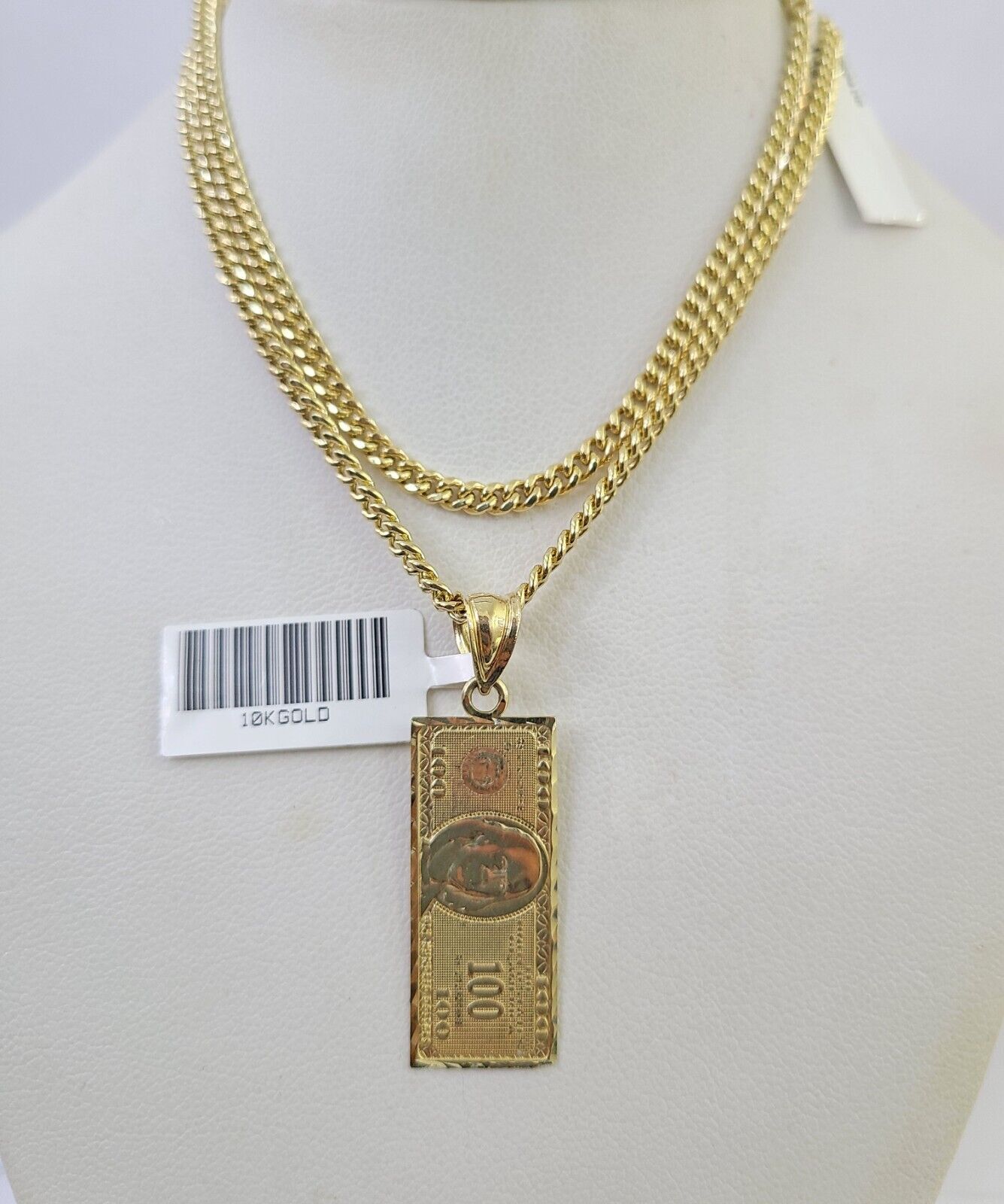 10K Gold Miami Cuban Chain 100 Dollar Bill 18"-28" 3mm REAL Pendant Necklace SET