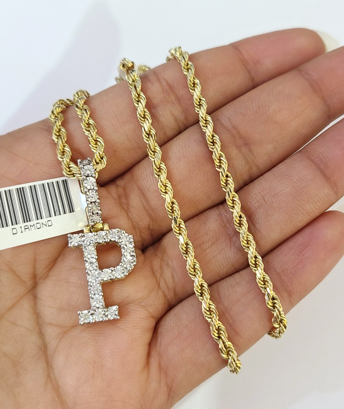 10k Rope Chain P Diamond Initial Charm Necklace Pendant Set 2mm 18"-24" Gold