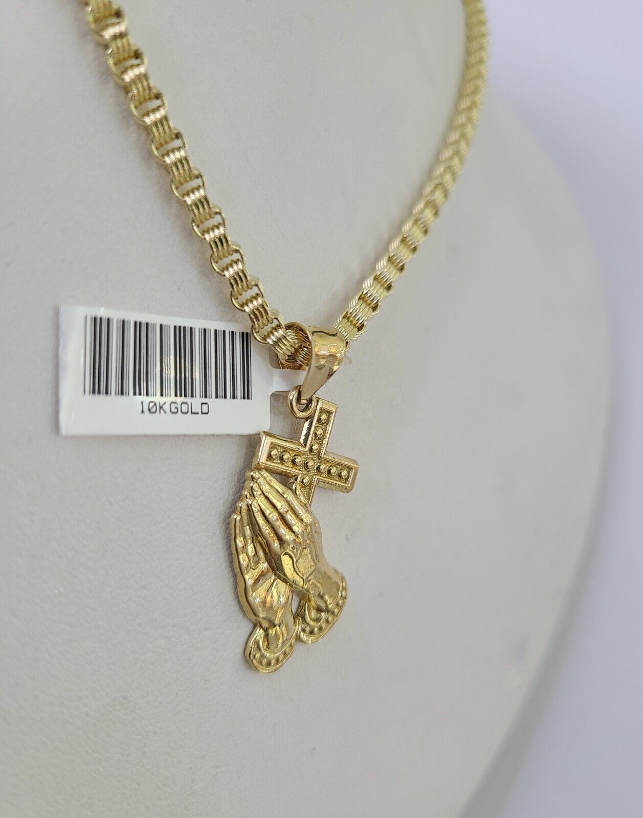 10k Gold Byzantine Necklace Praying Hands Charm 18-28 inch 3mm SET Chain Pendant