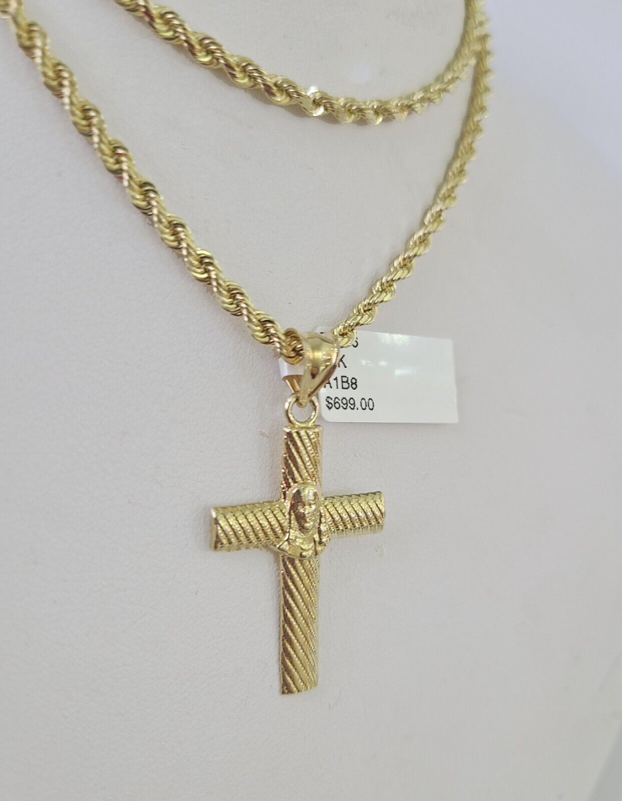 10k Solid Rope Chain 3mm Jesus Cross Pendant Charm Necklace SET 18-28 in