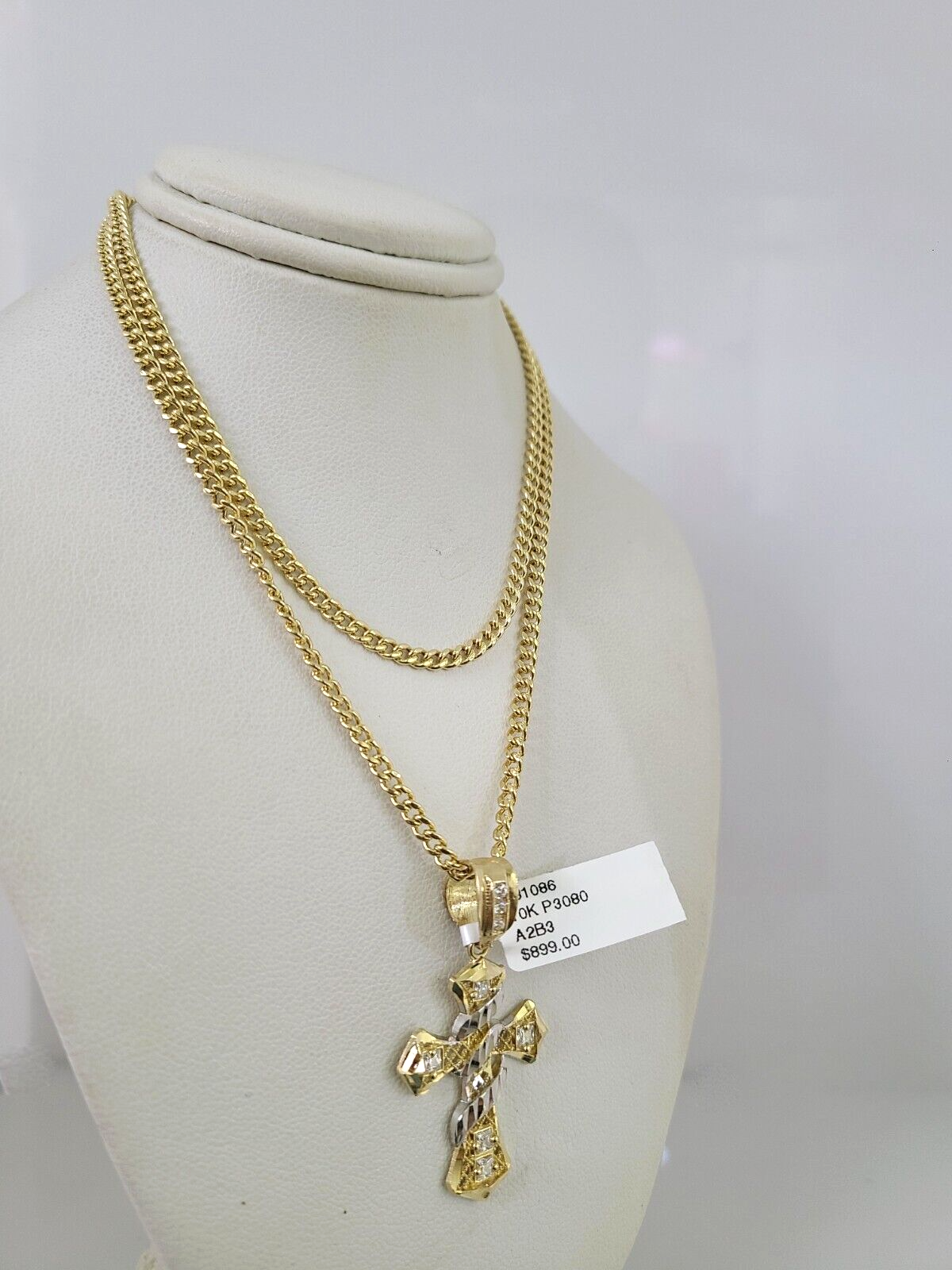 10k Gold Miami Cuban Chain Spiral Cross Charm Pendant 3mm 18-28in Necklace Set