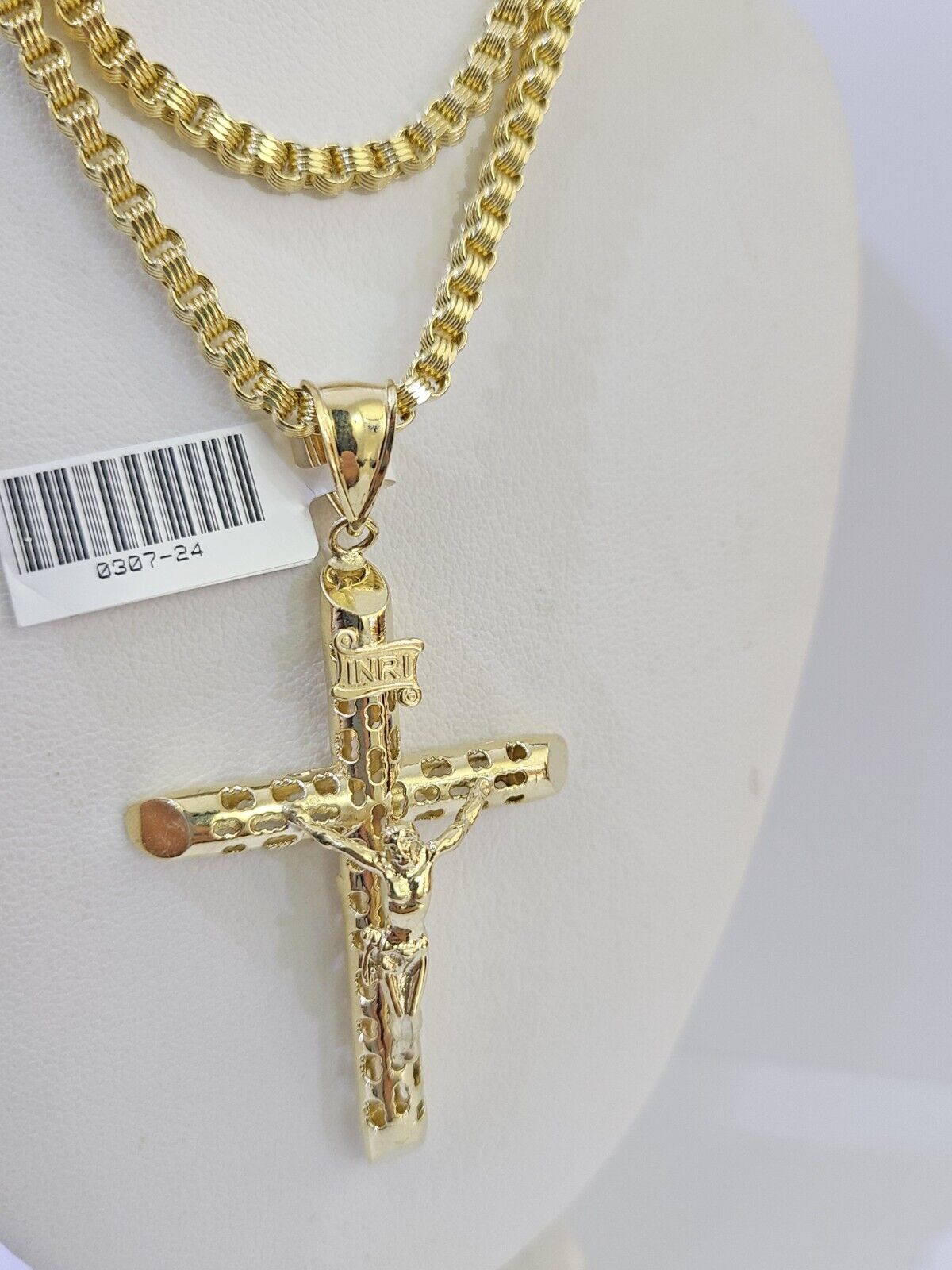 10k Gold Byzantine Necklace INRI Jesus Cross Charm 18-26 inches 3mm SET Chain