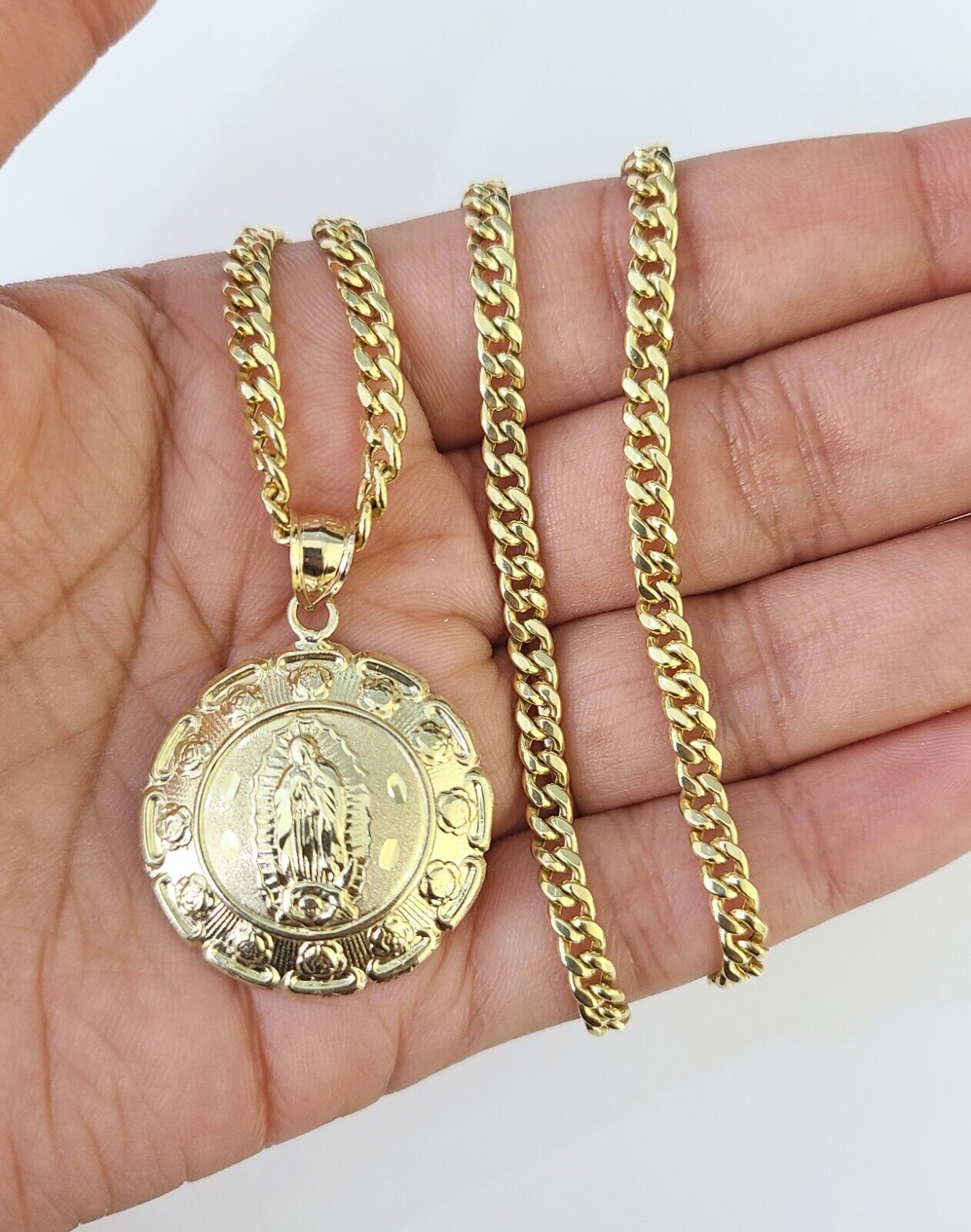 10k Miami Cuban Chain Virgin Mary Charm Set 4mm 18"-28" Necklace Yellow Gold