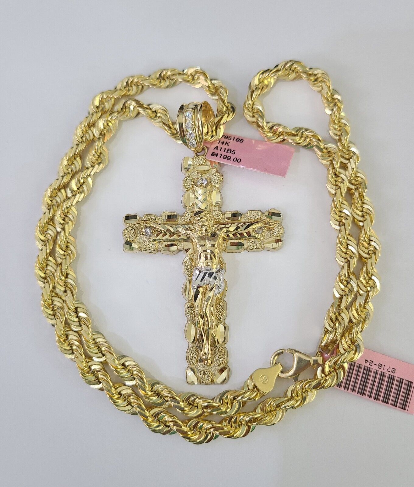 Real 14k Solid Rope Chain Jesus Cross Charm Set 6mm 18"-30" Necklace Gold