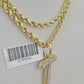 10k 3mm Rope Solid Chain T Diamond Pendant Alphabet 18"-28" Gold Charm Necklace