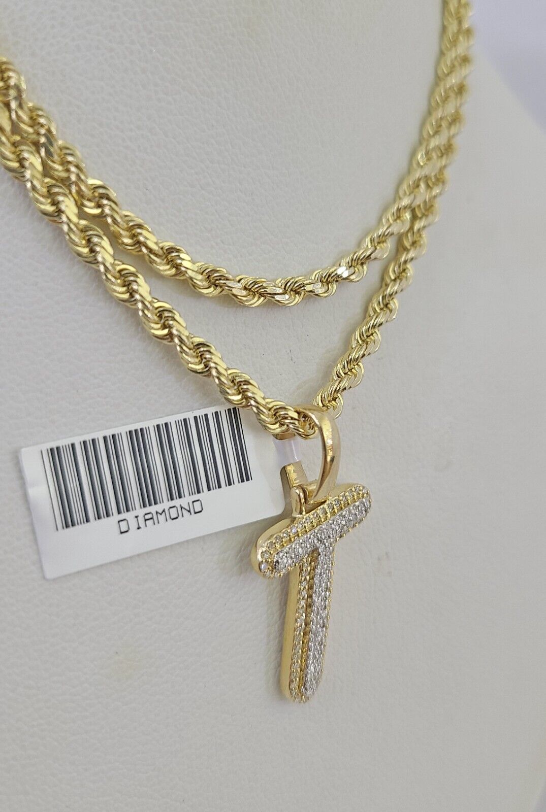 10k 3mm Rope Solid Chain T Diamond Pendant Alphabet 18"-28" Gold Charm Necklace