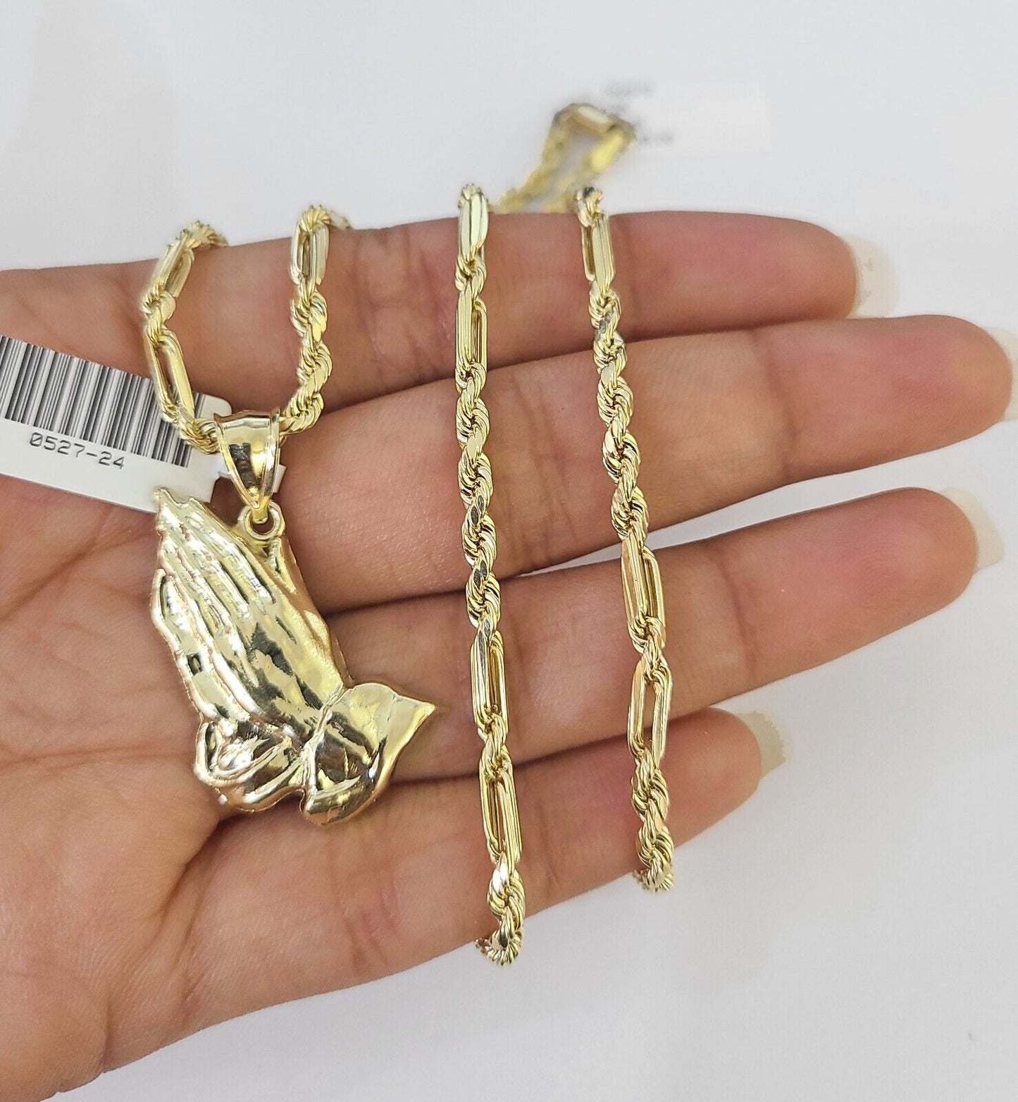 10k Milano Rope Chain Praying Hands Charm Necklace SET 3mm 18" 20" 22" 24"