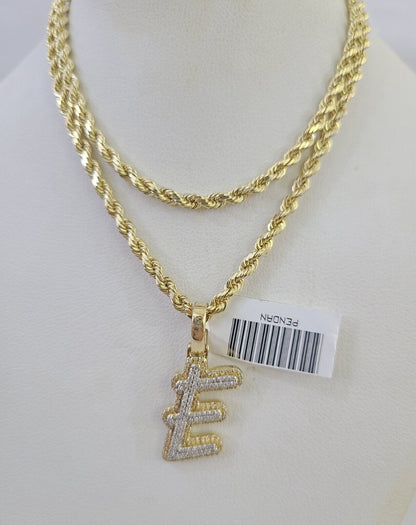 10k 3mm Rope Solid Chain E Diamond Pendant Alphabet 18"-28" Gold Charm Necklace