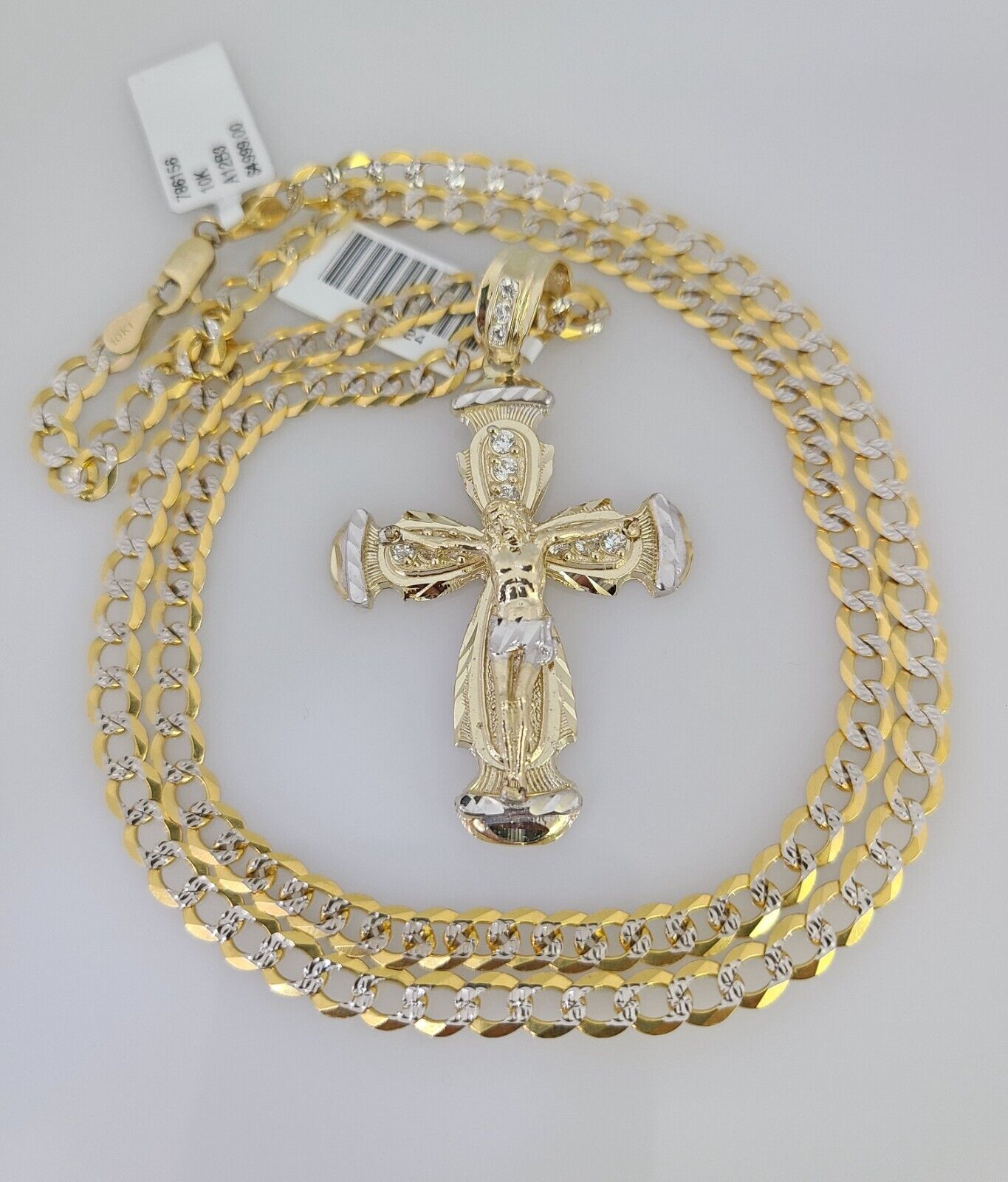 10k Gold Chain Jesus Crucifix Cross Charm Solid Cuban Curb 5mm 18"-28" Inch SET
