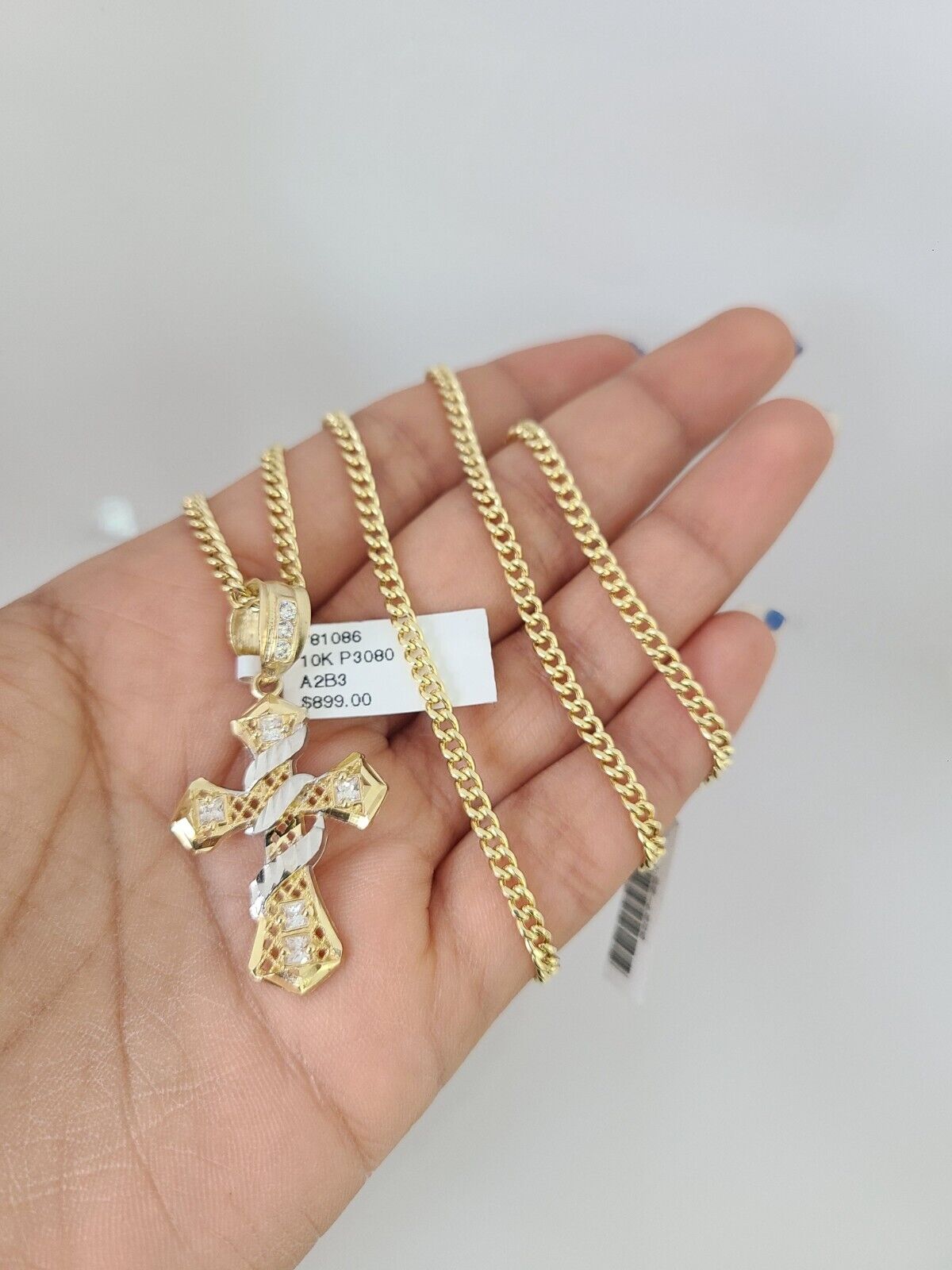 10k Gold Miami Cuban Chain Spiral Cross Charm Pendant 3mm 18-28in Necklace Set