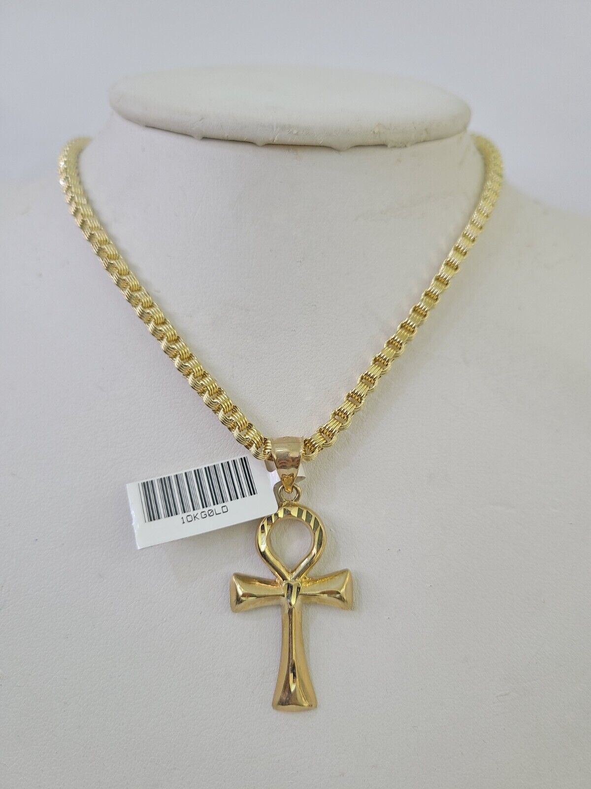 10k Gold Byzantine Necklace Jesus Ankh Cross Charm 18-28 inch 3mm SET Chain