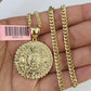 Real 14k Chain Mayan Calendar Charm Set Miami Cuban Link 4mm Necklace Pendant