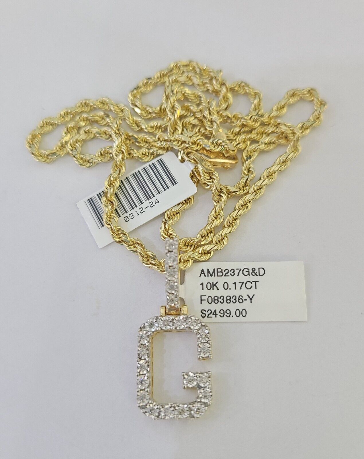 10k 3mm Rope Solid Chain G Diamond Pendant Alphabet 18"-28" Gold Charm Necklace