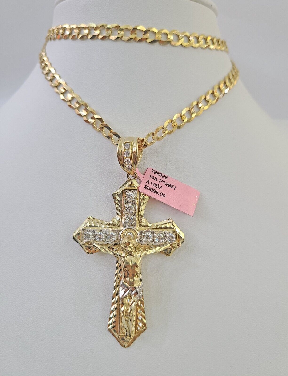 14k Gold Chain Jesus Cross Charm Solid Cuban Curb 5mm 20"-28" Inch SET Necklace