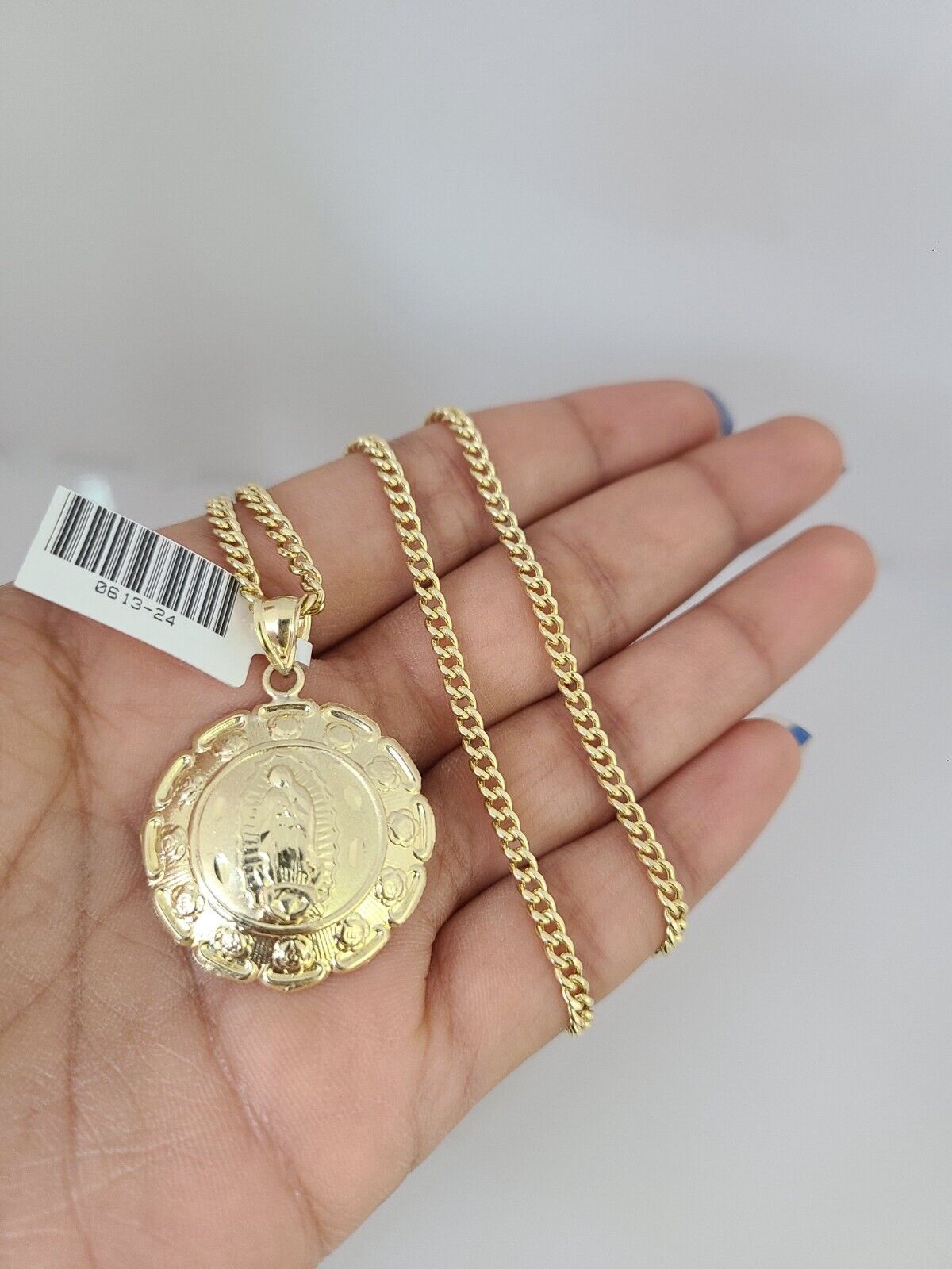 10k Gold Miami Cuban Chain Virgin Mary Charm Pendant 3mm 18-28in Necklace Set