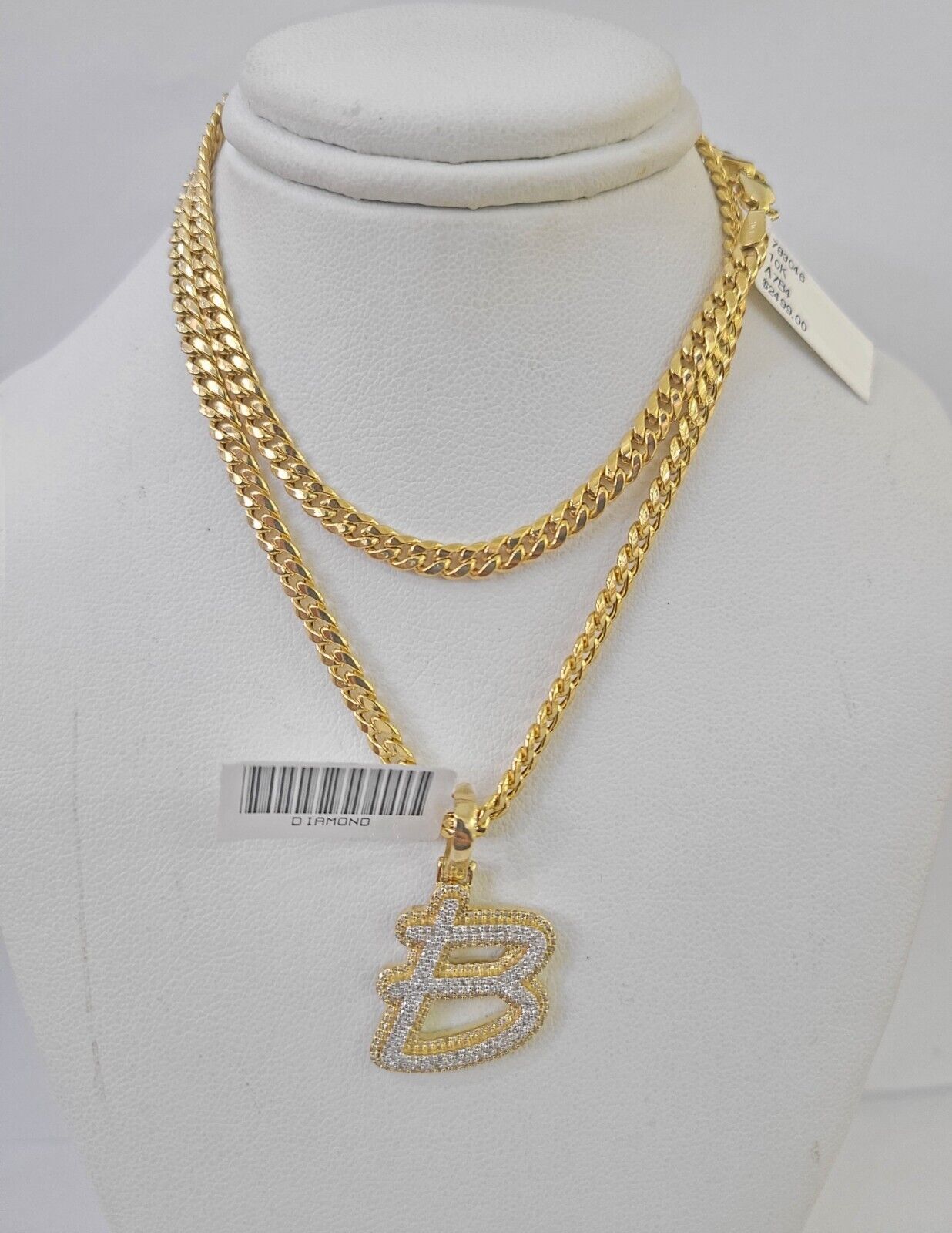 10k Miami Cuban Chain B Diamond Charm Set 4mm 18-26"Yellow Gold Necklace Pendant