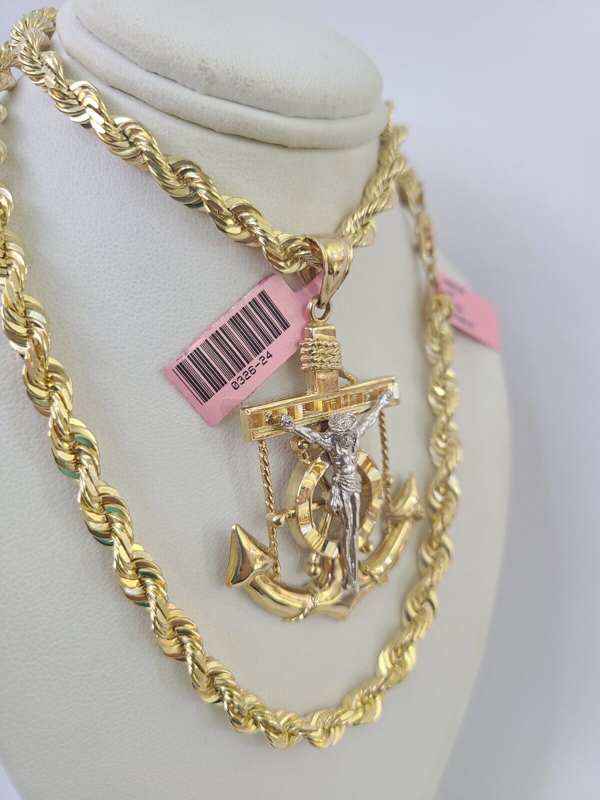 Real 14k Solid Rope Chain Jesus Anchor Charm Set 6mm 18"-30" Necklace Gold