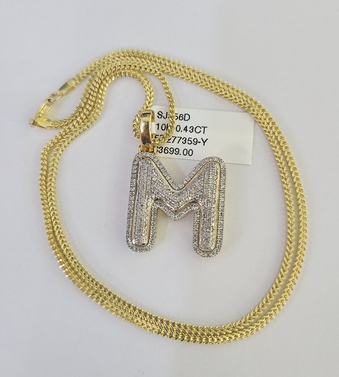 10K Franco Chain Diamond M Pendant Initial Charm Letter Necklace 18"-24" 1.5mm