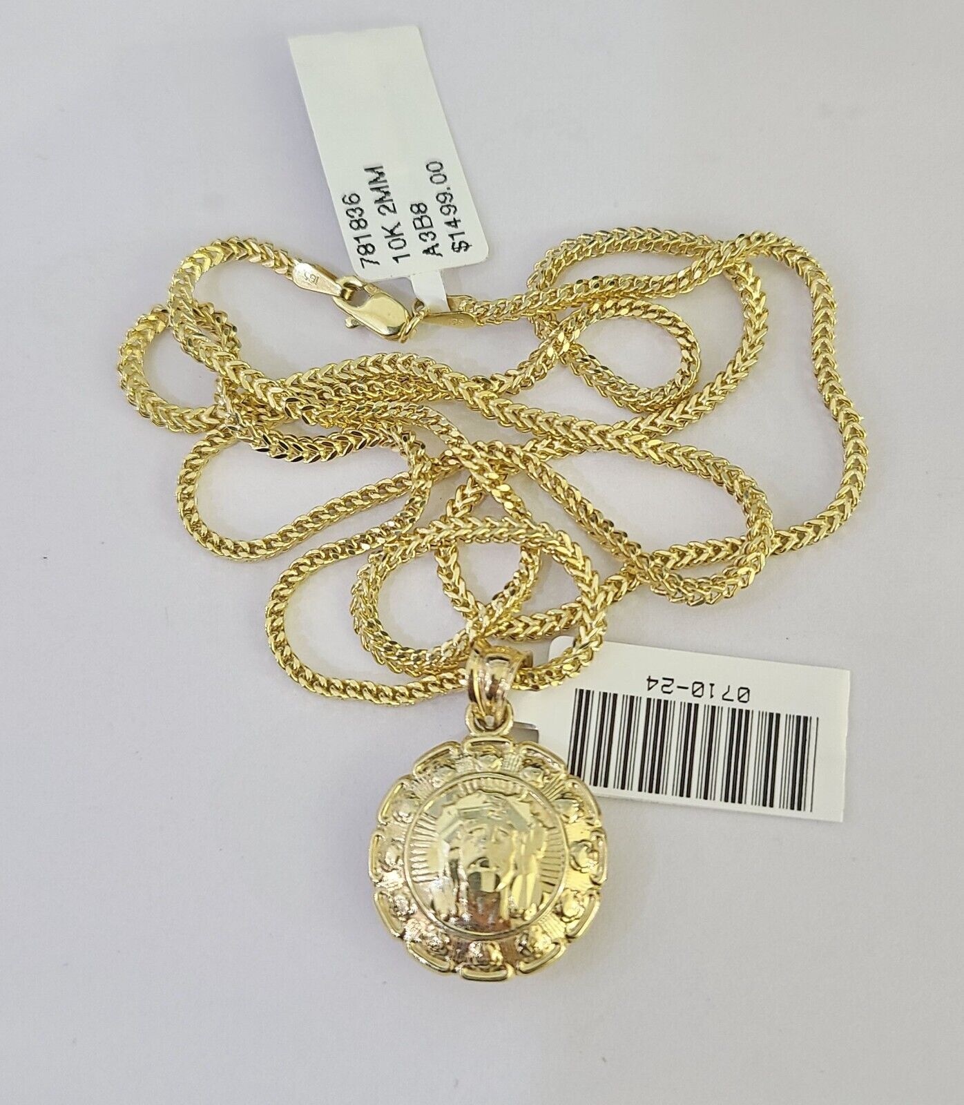 10K Franco Chain Jesus Mary Pendant Charm Necklace 16"-24" 2mm Gold SET Yellow