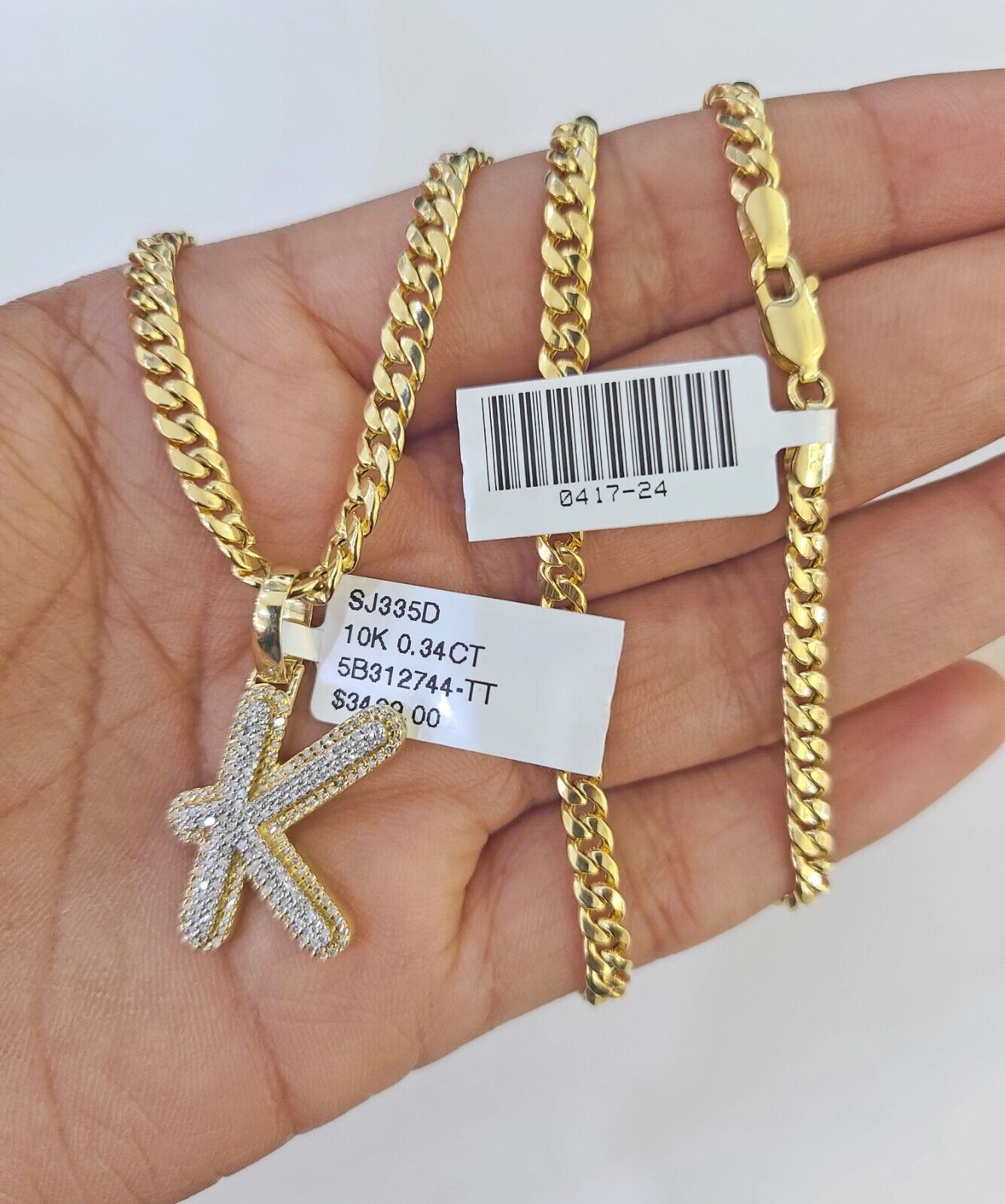 10k Miami Cuban Chain K Diamond Charm Set 4mm 18-26"Yellow Gold Necklace Pendant