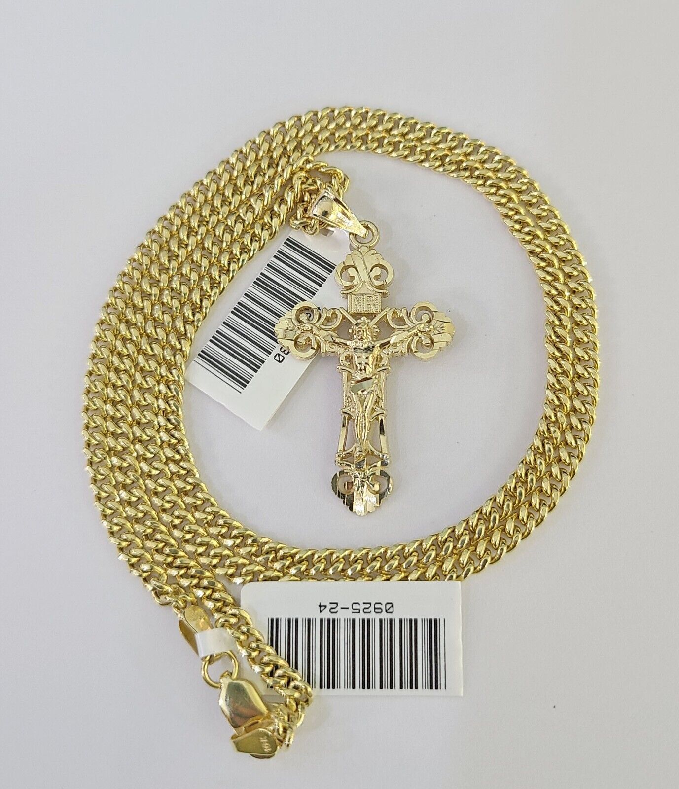 10K Gold Miami Cuban Chain INRI Jesus Cross 18"-28" 3mm Pendant Necklace SET