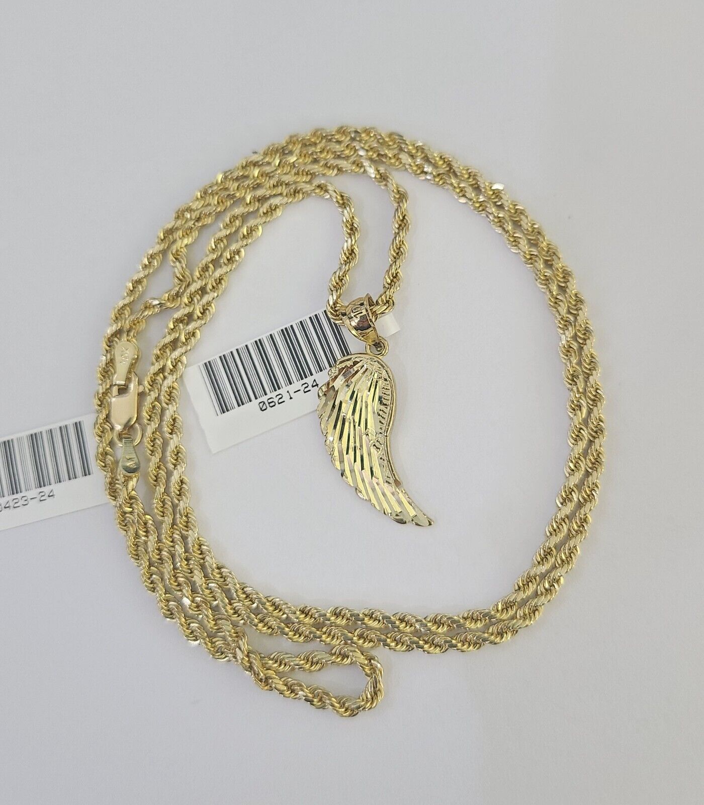 10k 2.5mm Rope Chain Angel Wings Pendant 18"-30" Yellow Gold Set Charm Necklace