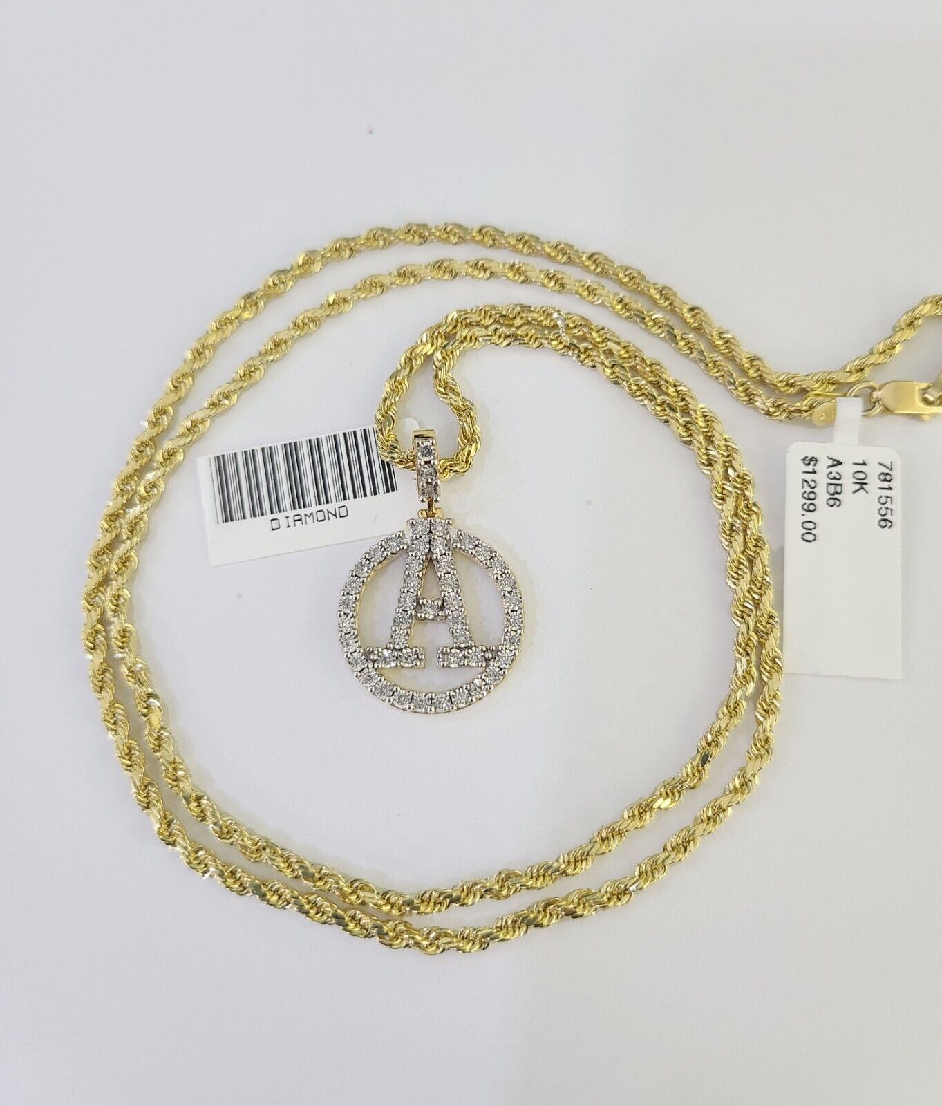 10k 3mm Rope Chain A Diamond Pendant Alphabet 18"-30" Gold Set Charm Necklace