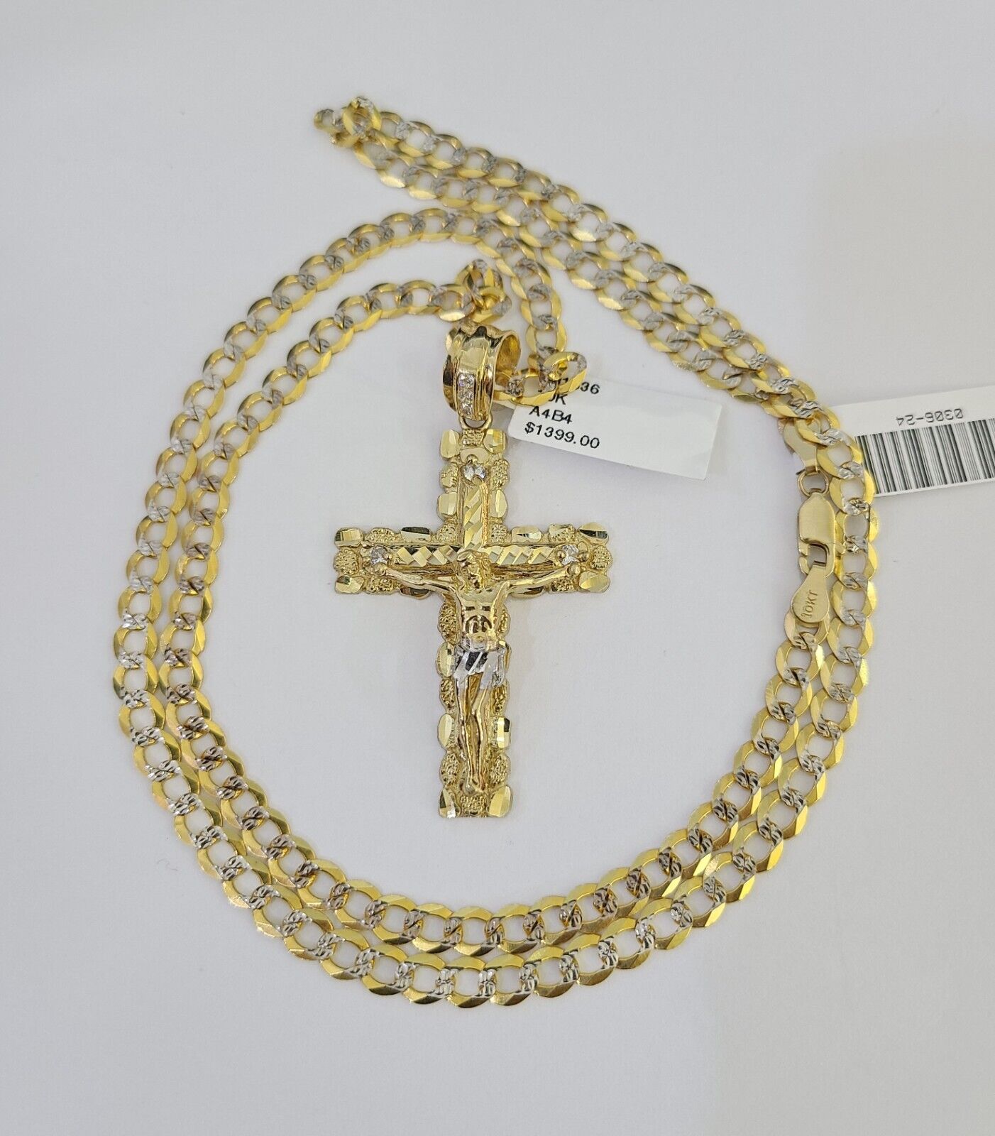 10k Gold Chain Cross Charm Solid Cuban Curb Link 5mm 18"-28" Inch DiamondCut SET